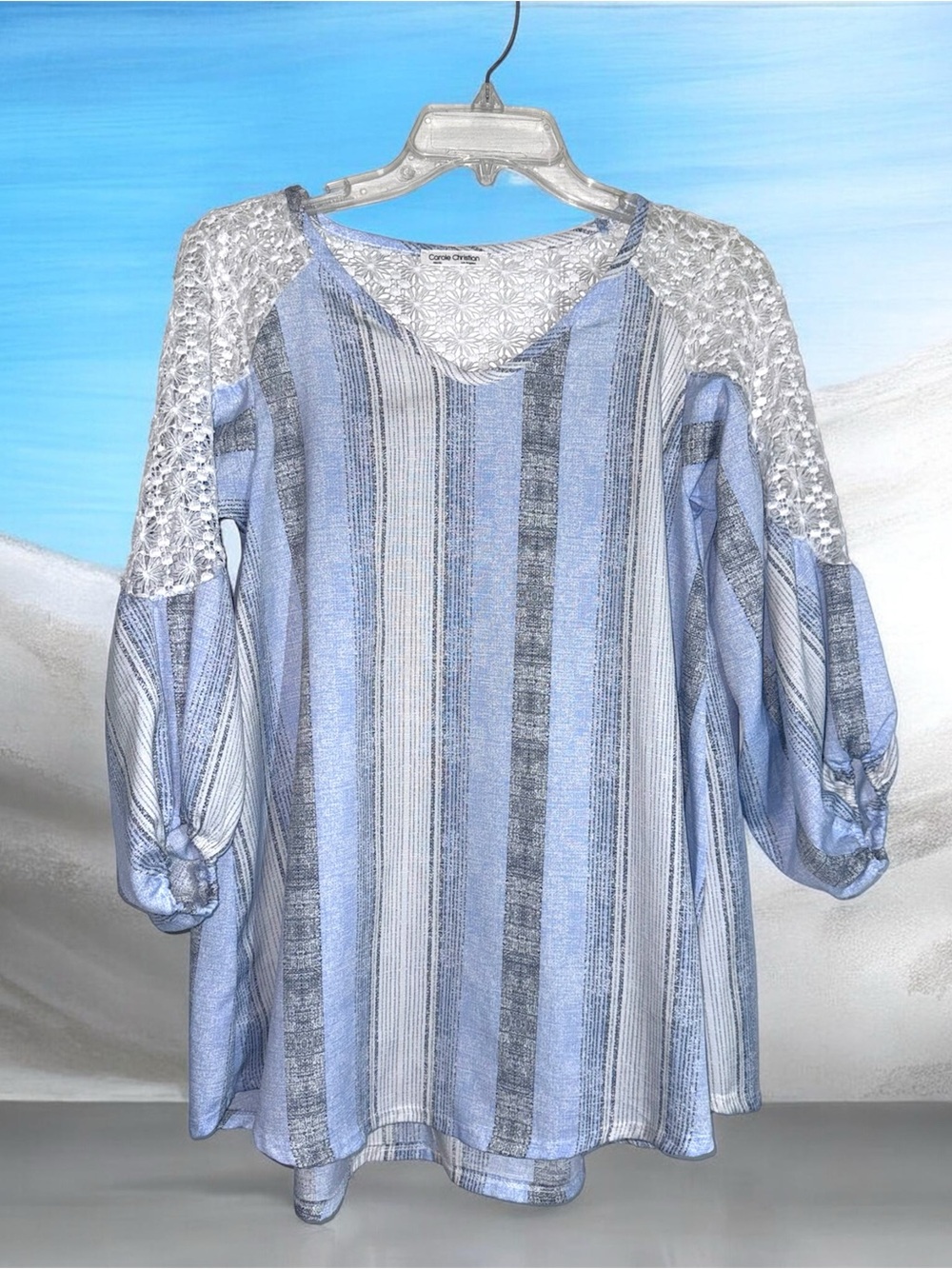 Carole Christian Light Blue & Gray Striped V-Neck Tunic with Crochet Shoulders S